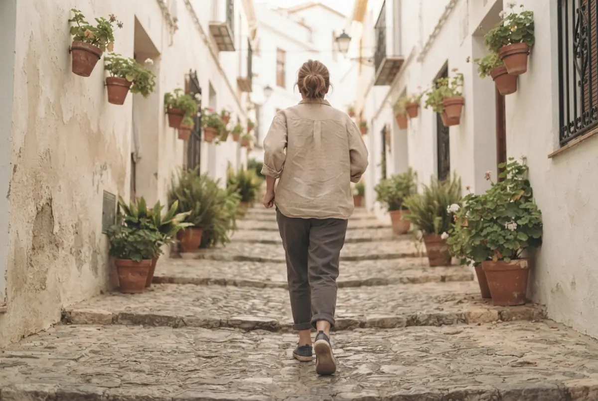 Mujer subiendo una cuesta empedrada entre casas encaladas