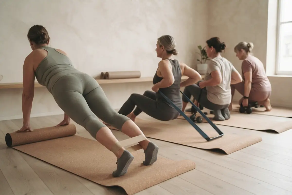 Grupo pequeño de mujeres entrenando con gomas en una sala luminosa